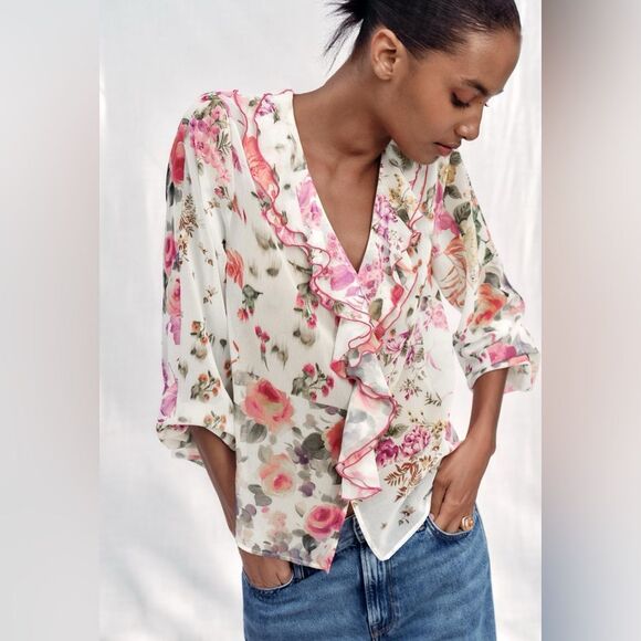 ZARA RUFFLED FLORAL PRINTED BLOUSE - Picture 1 of 7